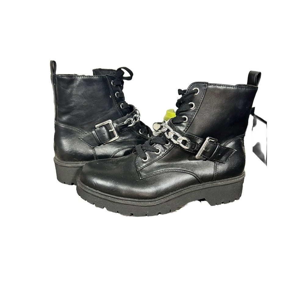 REPORT "Chainey" Black Combat Boots Rugged Lug Sole Chain Link Heel Shoes SZ 8.5